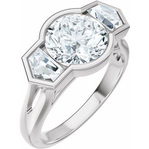 Round Bezel-Set Three-Stone Engagement Ring in 14K White Gold